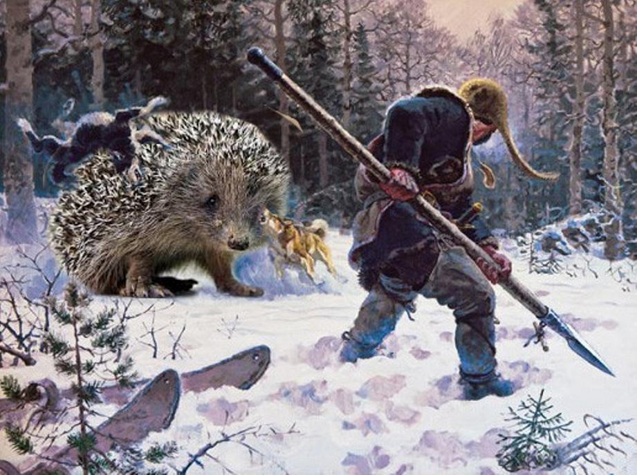 Навстречу шел охотник. Охота на медведя с рогатиной. Охота с рогатиной. Охотник с копьем. Охота на медведя картина.