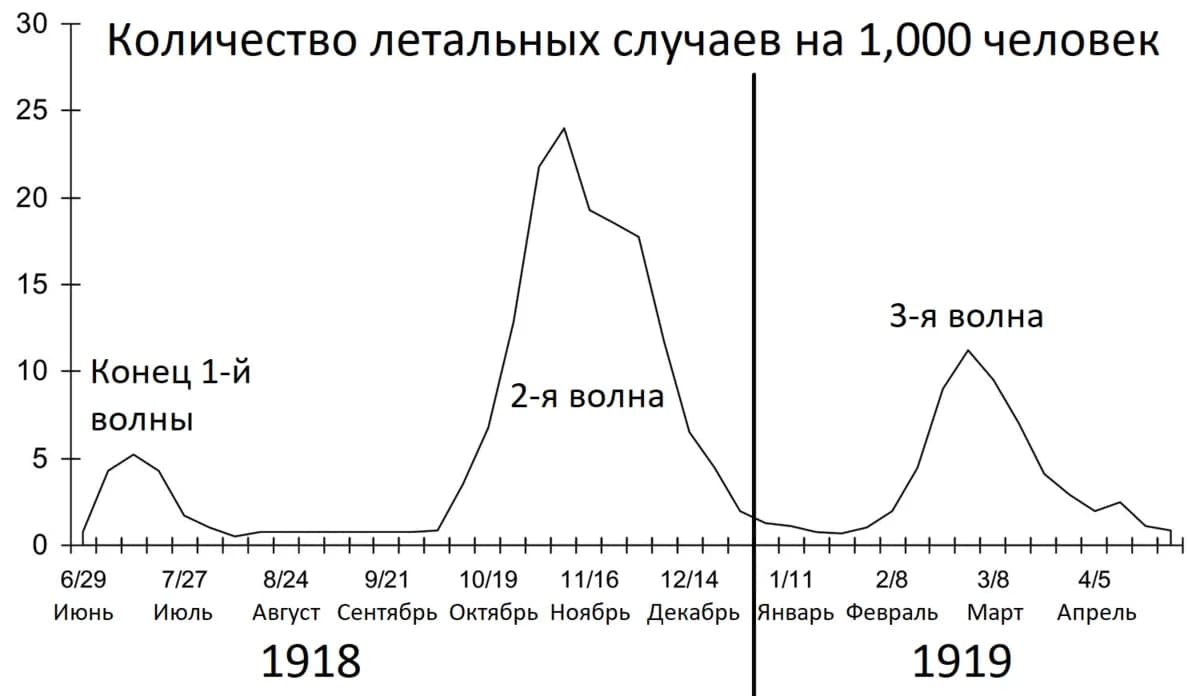 Сколько человек умирает в год в москве. График смертности от испанского гриппа. Испанский грипп графики. Волны эпидемий график. Испанка график.